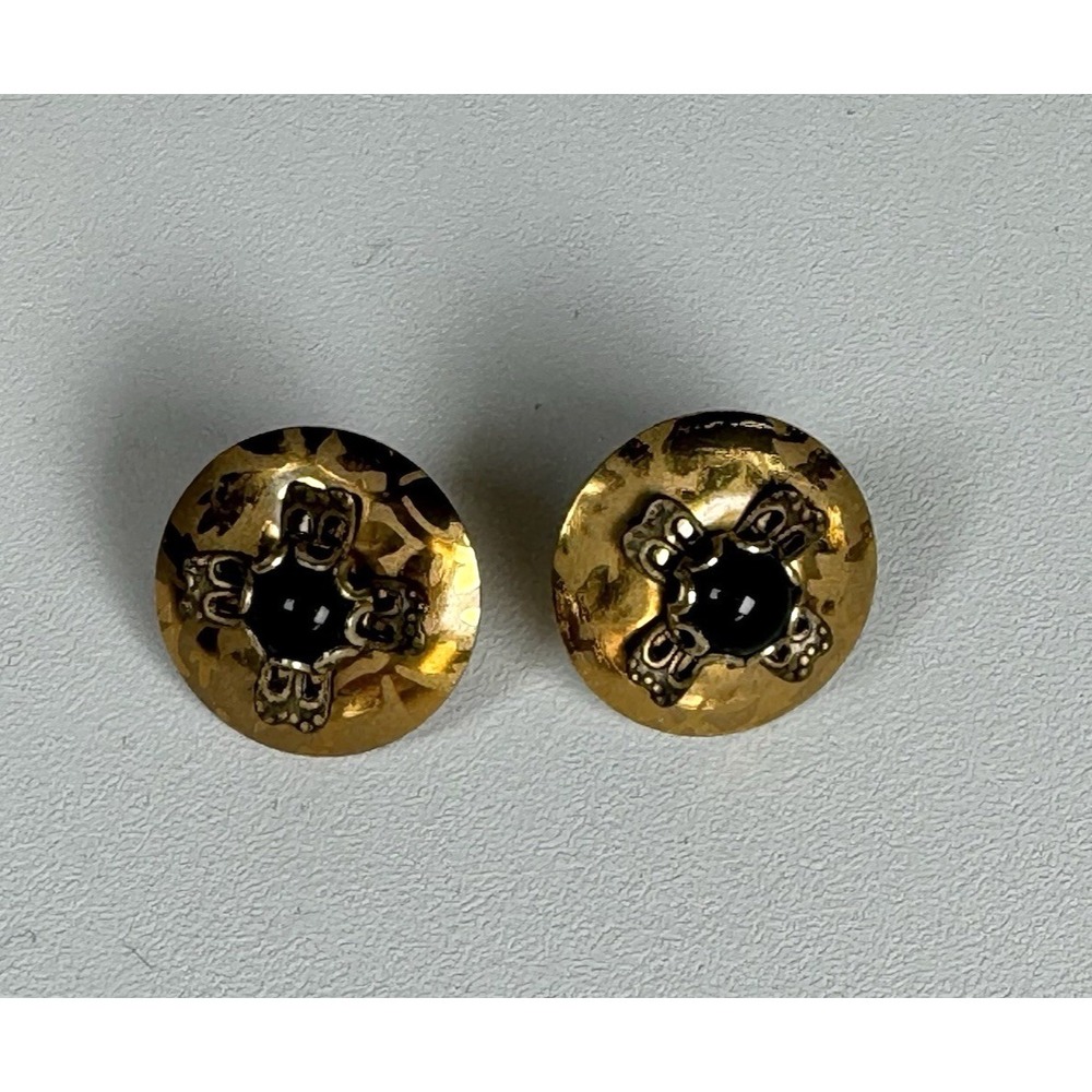 Vtg Holly Yashi Gold Filled Onyx Earrings Etched Pattern Black Round Stud BOHO